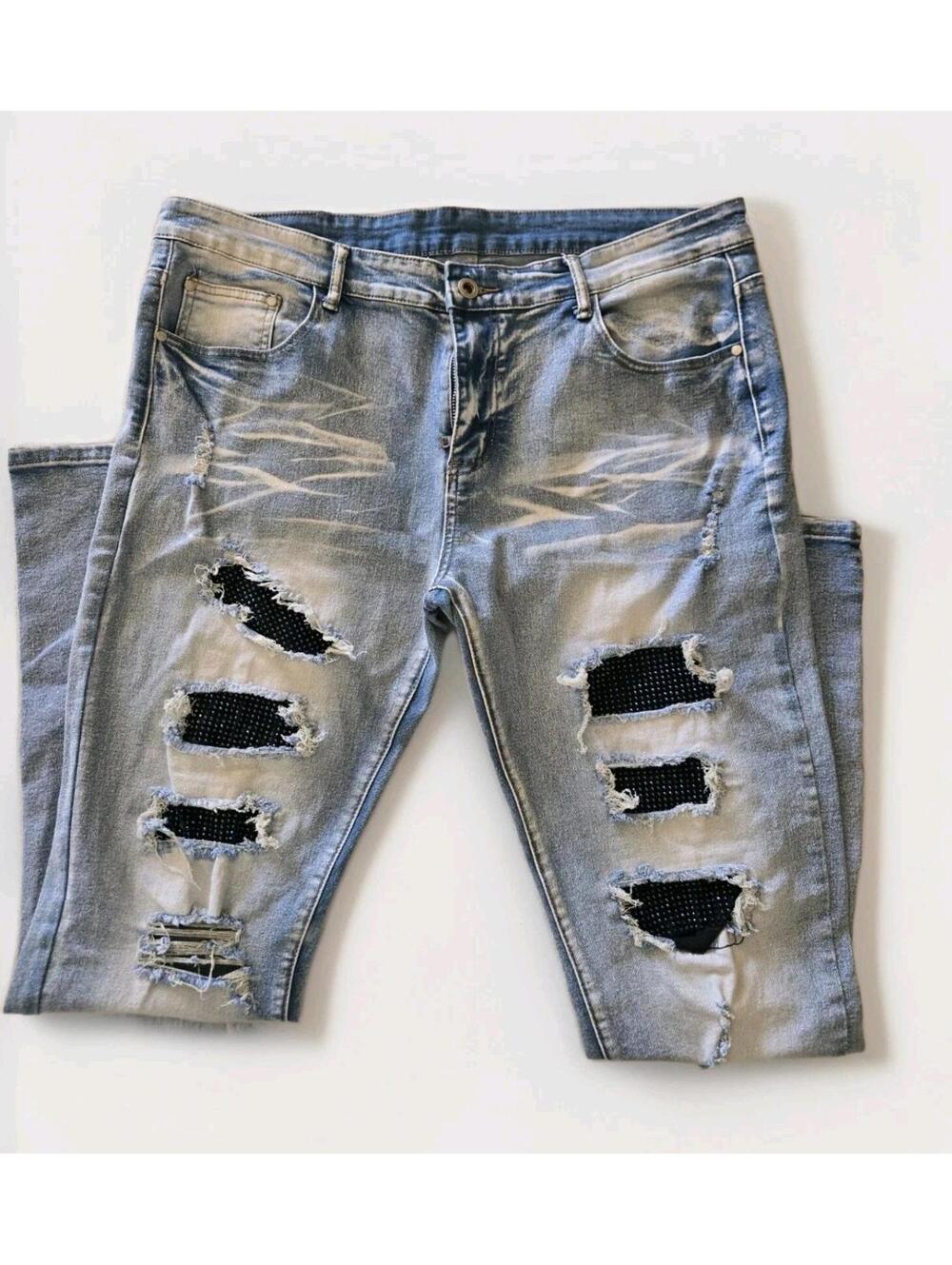 Upcycled Handmade Patchwork Sequins Jeans Mens 36x32 Embellished